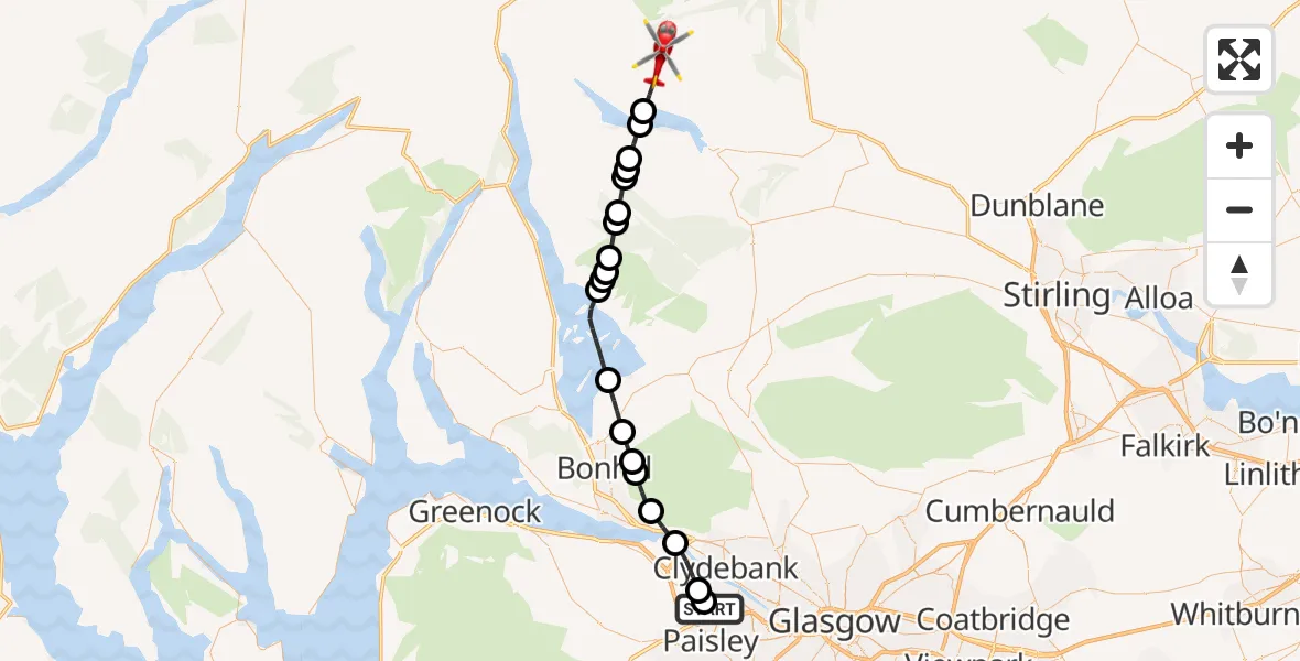 Flight path map showing Air Ambulance Helicopter route from Glasgow Airport to Stirling