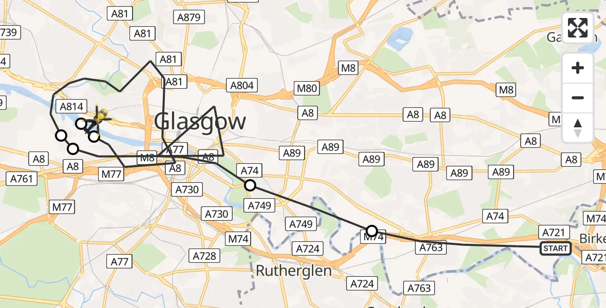 Flight path map showing Police Helicopter route from Glasgow to Glasgow Seaplane Terminal