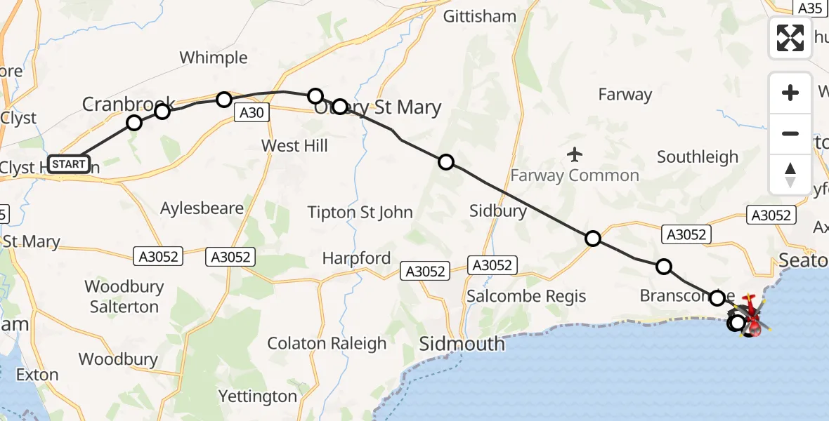 Flight path map showing Air Ambulance Helicopter route from Exeter International Airport to Beer