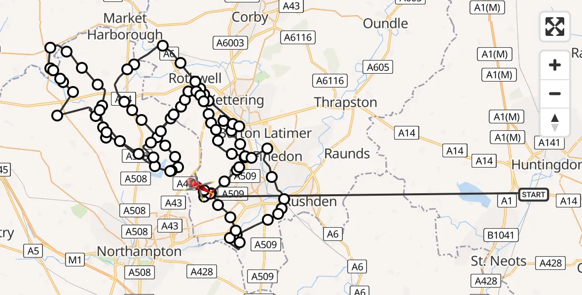 Flight path map showing Air Ambulance Helicopter route from Offord Cluny to Sywell Aerodrome