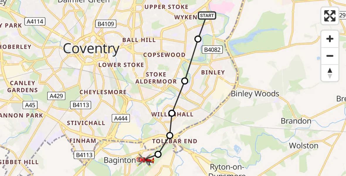Flight path map showing Air Ambulance Helicopter route from Clifford Park to Coventry Airport