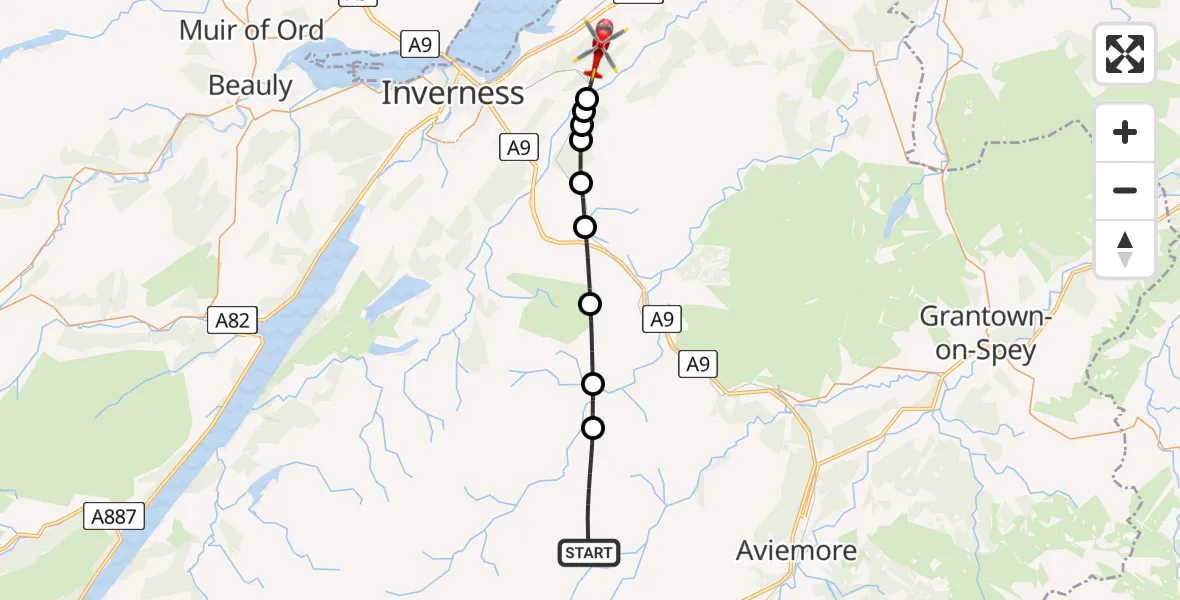 Flight path map showing Air Ambulance Helicopter route from Highland to Inverness