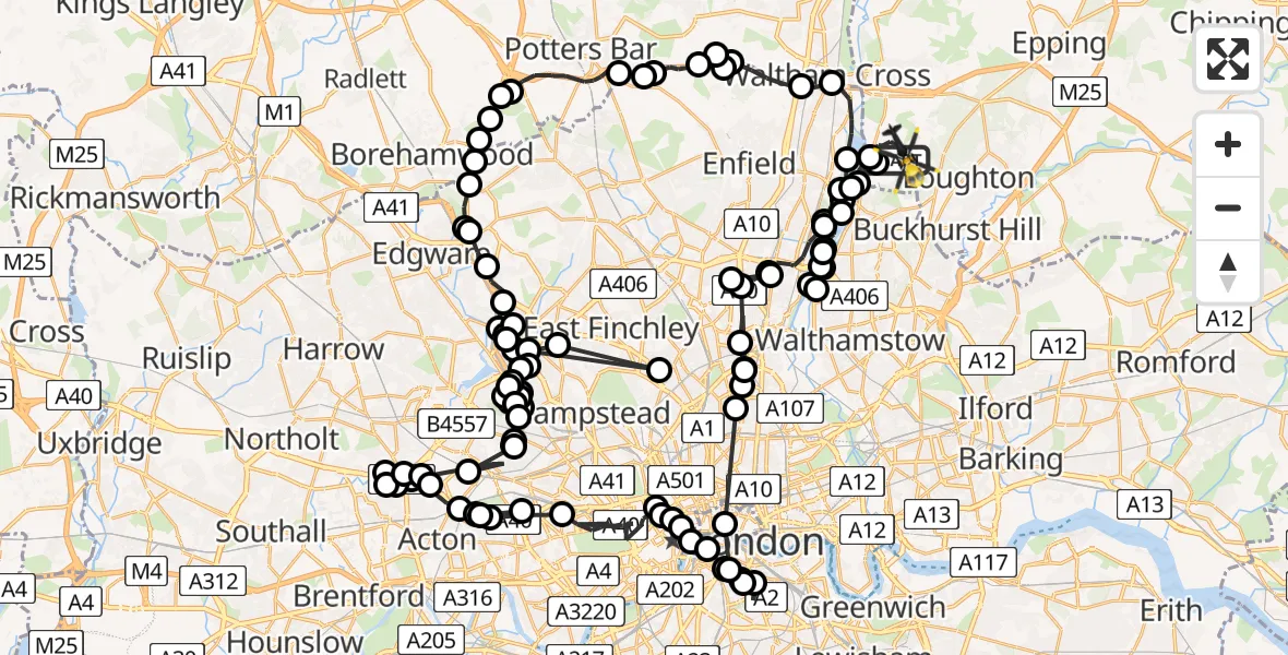 Flight path map showing Police Helicopter route from Metropolitan Police Air Support Unit Lippitts Hill to Sewardstonebury