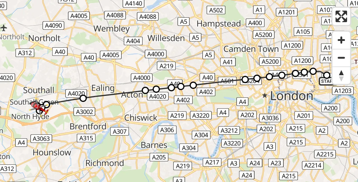 Flight path map showing Air Ambulance Helicopter route from Royal London Hospital to Heston