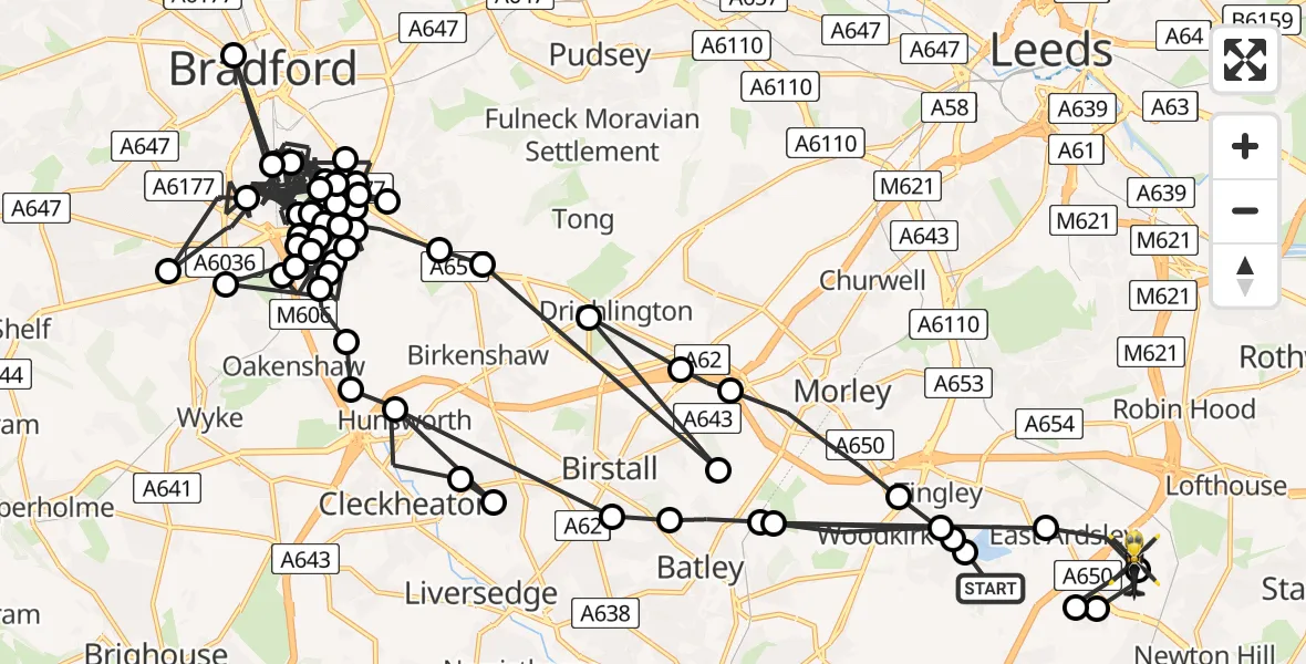 Flight path map showing Police Helicopter route from East Ardsley to Newton Hill