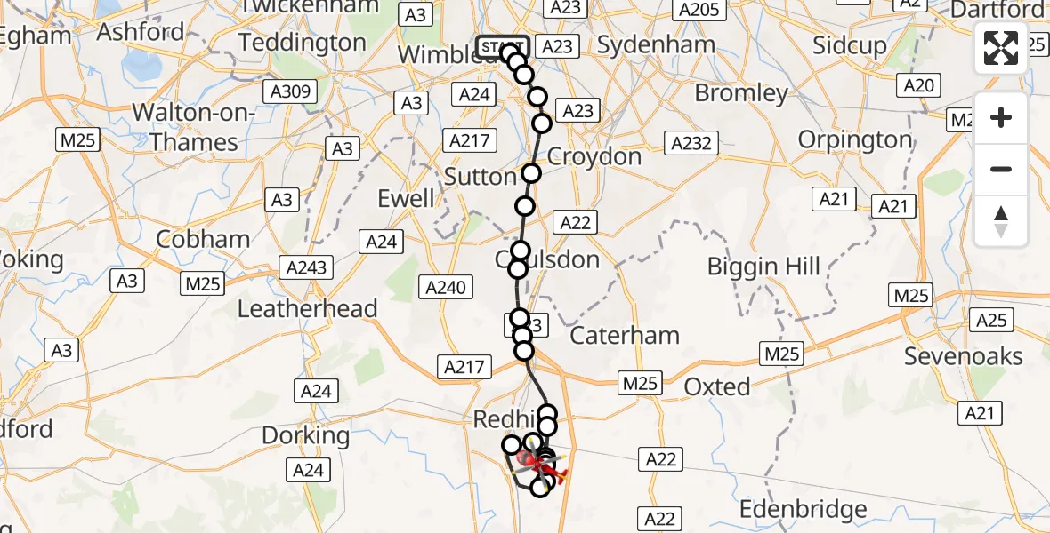 Flight path map showing Air Ambulance Helicopter route from St Georges Hospital to Redhill Aerodrome
