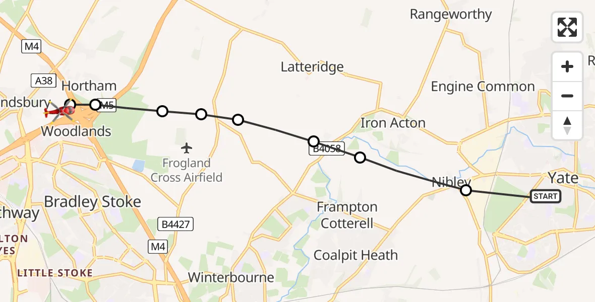 Flight path map showing Air Ambulance Helicopter route from Yate to Almondsbury Helicopter Base