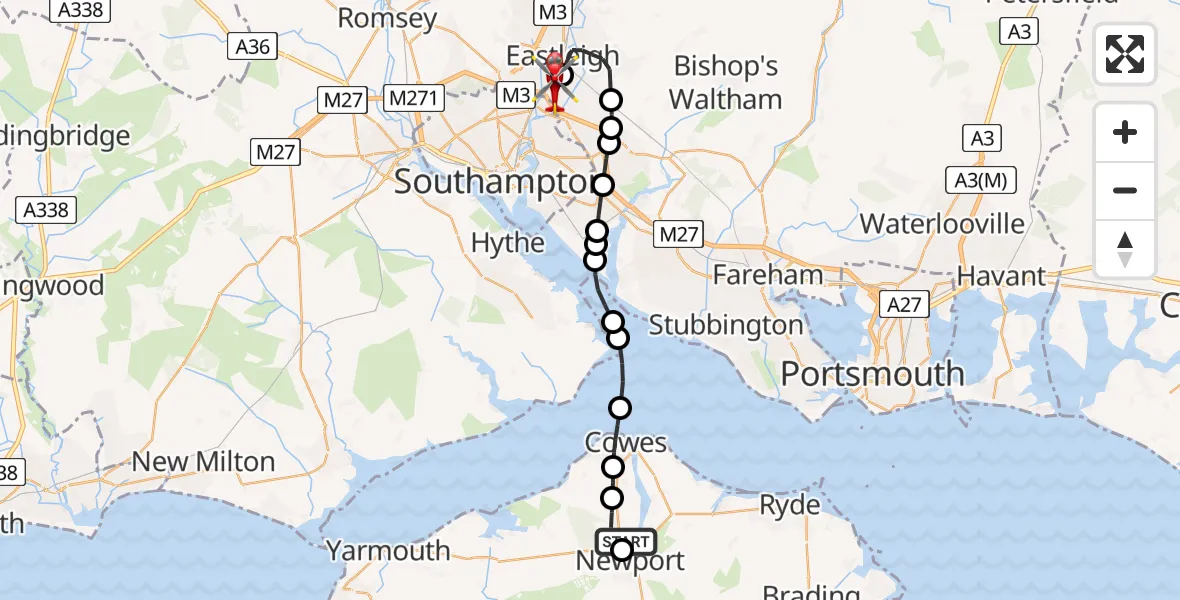 Flight path map showing Air Ambulance Helicopter route from St Marys Hospital Isle Of Wight to Southampton Airport