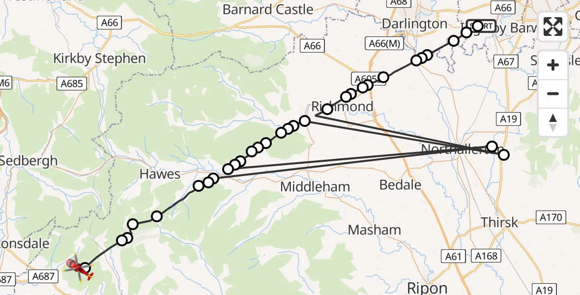 Flight path map showing Air Ambulance Helicopter route from Aislaby to Ingleton