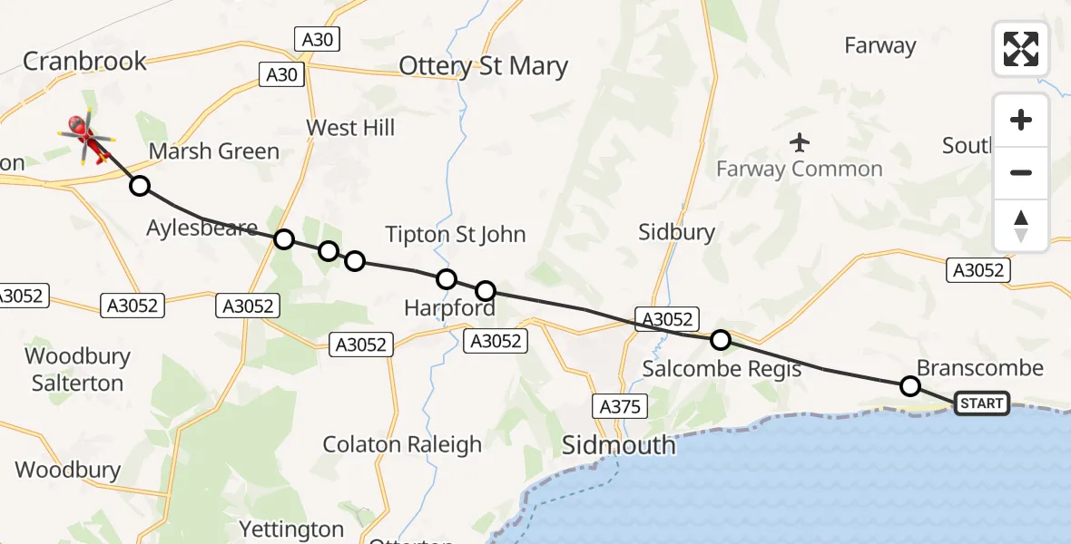 Flight path map showing Air Ambulance Helicopter route from Branscombe to Rockbeare