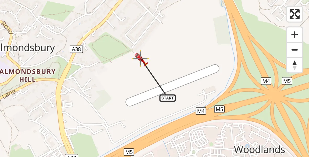 Flight path map showing Air Ambulance Helicopter route from Almondsbury Helicopter Base to Almondsbury Helicopter Base