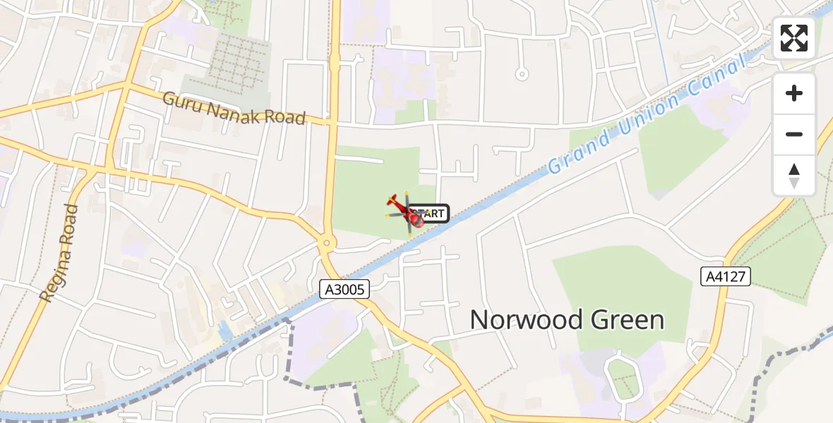 Flight path map showing Air Ambulance Helicopter route from Ealing to Heston