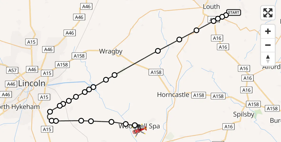 Flight path map showing Air Ambulance Helicopter route from Legbourne to Woodhall Spa