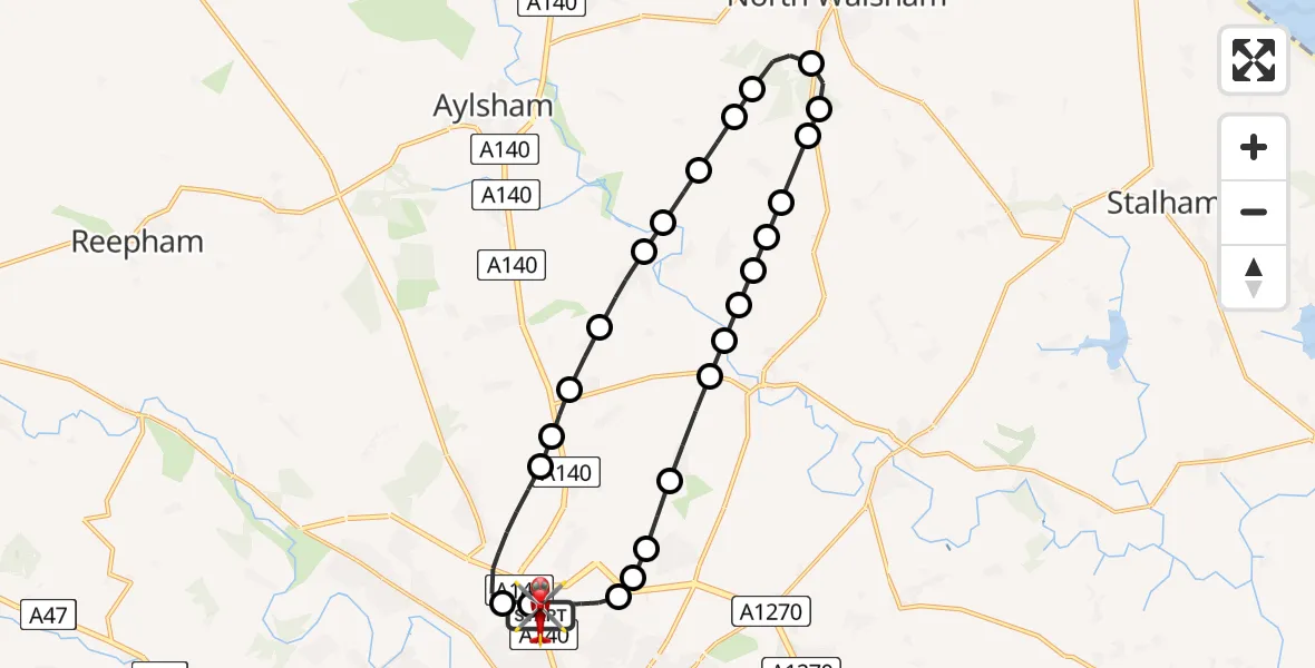 Flight path map showing Air Ambulance Helicopter route from Norwich Airport to Norwich Airport