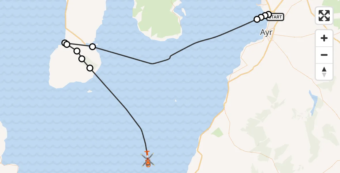 Flight path map showing Coastguard Helicopter route from Glasgow Prestwick Airport to Inner Seas