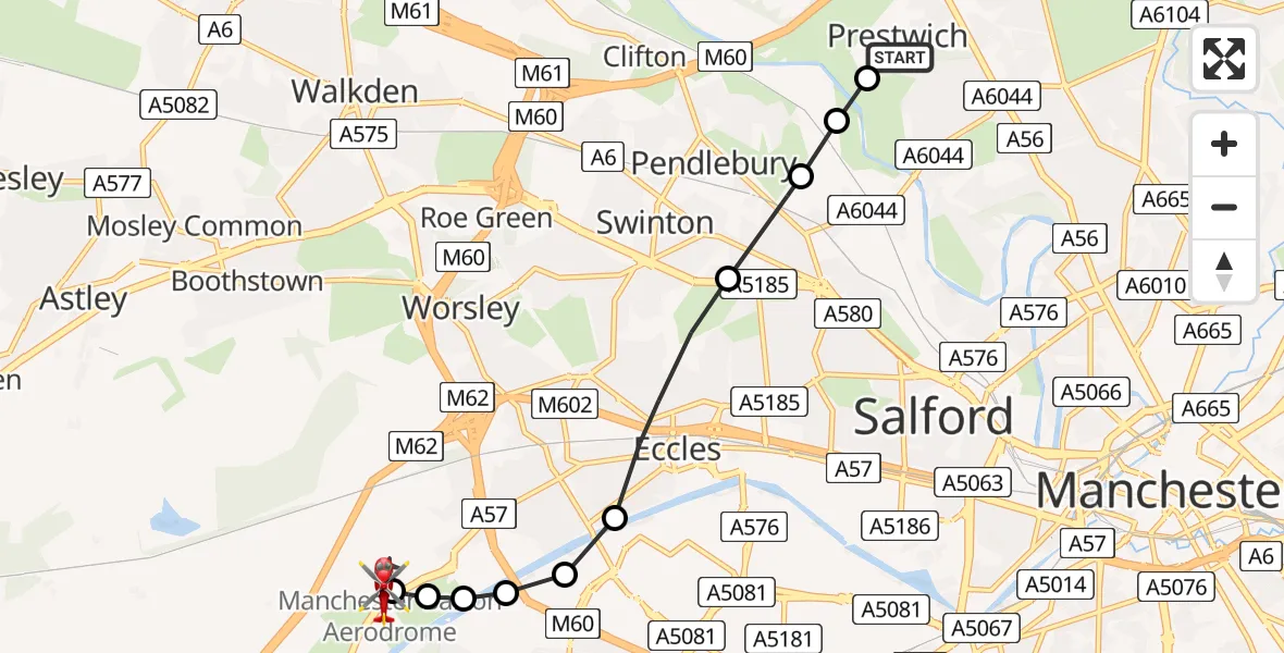 Flight path map showing Air Ambulance Helicopter route from Prestwich to Manchester Barton Aerodrome