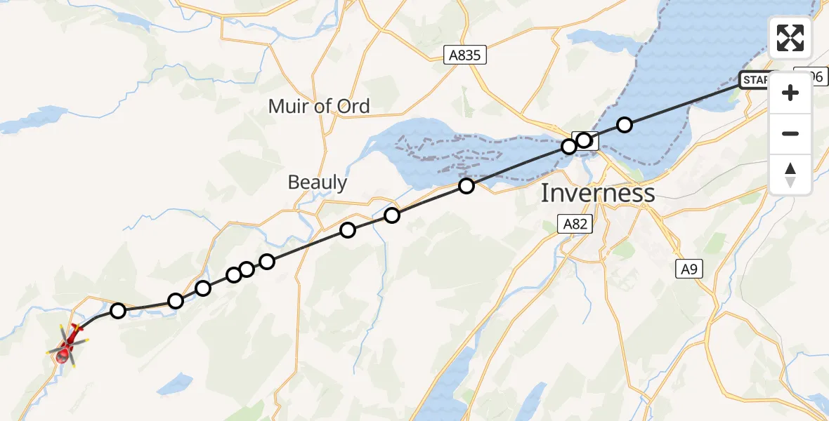 Flight path map showing Air Ambulance Helicopter route from Inverness to Struy