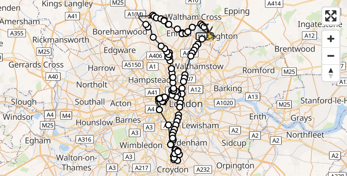 Flight path map showing Police Helicopter route from Chingford to Metropolitan Police Air Support Unit Lippitts Hill