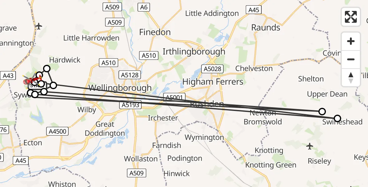 Flight path map showing Air Ambulance Helicopter route from Sywell Aerodrome to Sywell Aerodrome