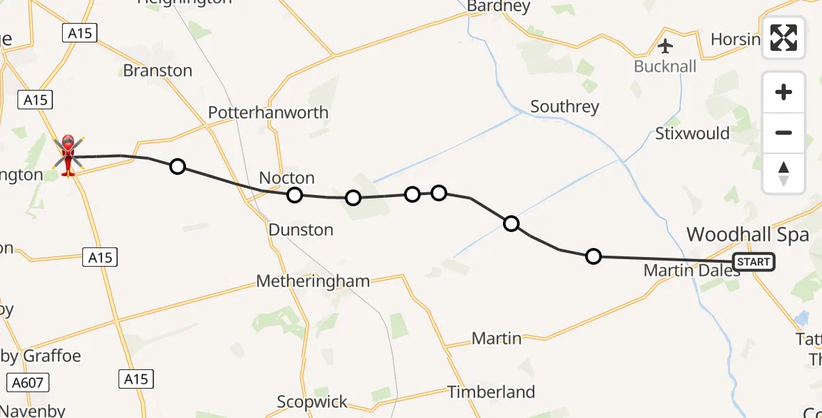 Flight path map showing Air Ambulance Helicopter route from Woodhall Spa to North Kesteven
