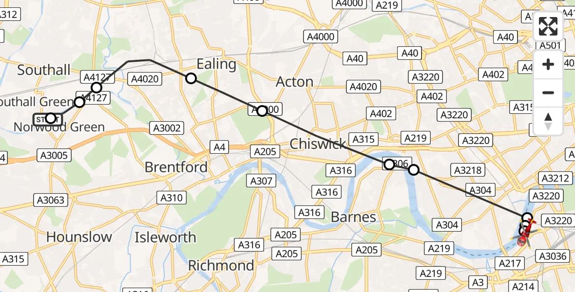 Flight path map showing Air Ambulance Helicopter route from Ealing to London Heliport