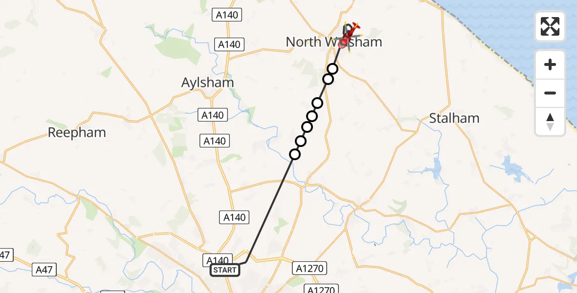 Flight path map showing Air Ambulance Helicopter route from Norwich Airport to North Walsham