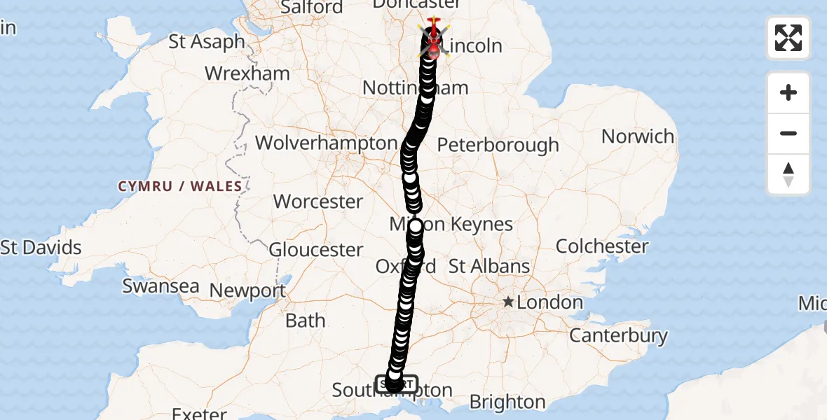 Flight path map showing Air Ambulance Helicopter route from Southampton Airport to Retford Gamston Airport