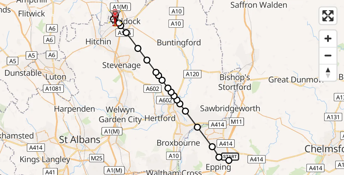 Flight path map showing Air Ambulance Helicopter route from North Weald Airfield to Letchworth