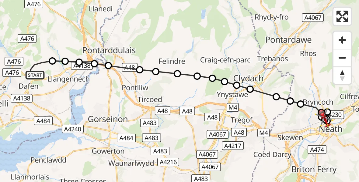 Flight path map showing Air Ambulance Helicopter route from Dafen to Neath Abbey