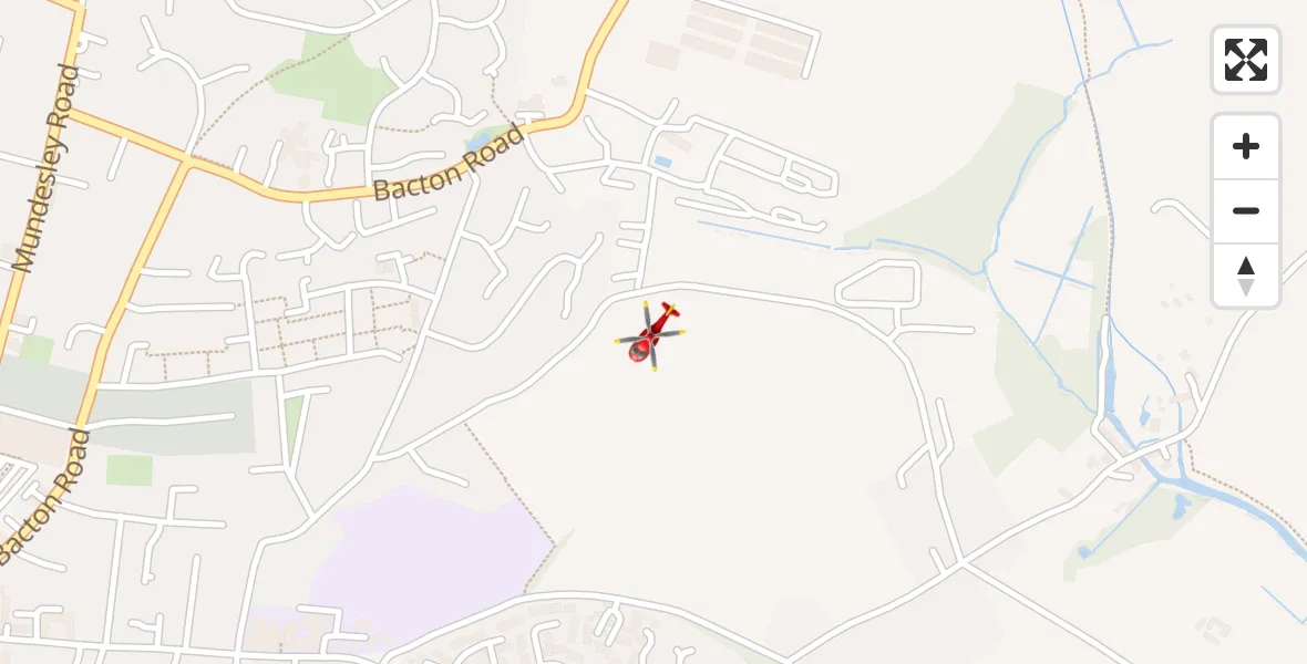 Flight path map showing Air Ambulance Helicopter route from North Walsham to North Walsham