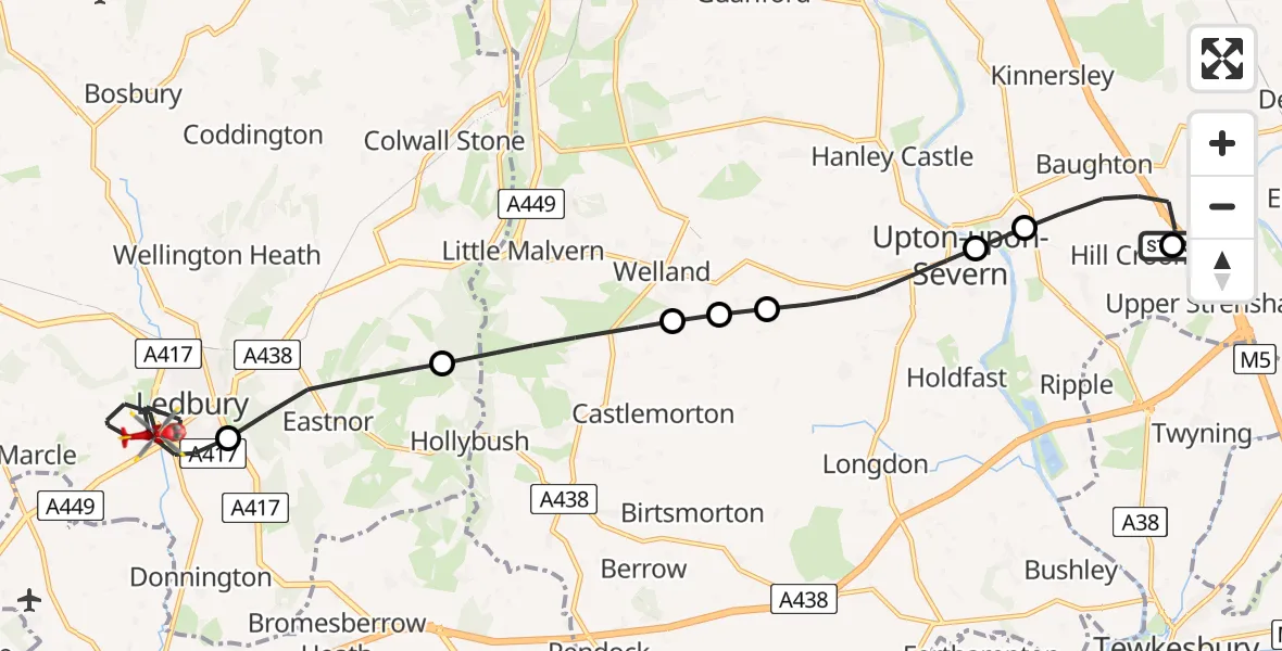 Flight path map showing Air Ambulance Helicopter route from Hill Croome to Ledbury