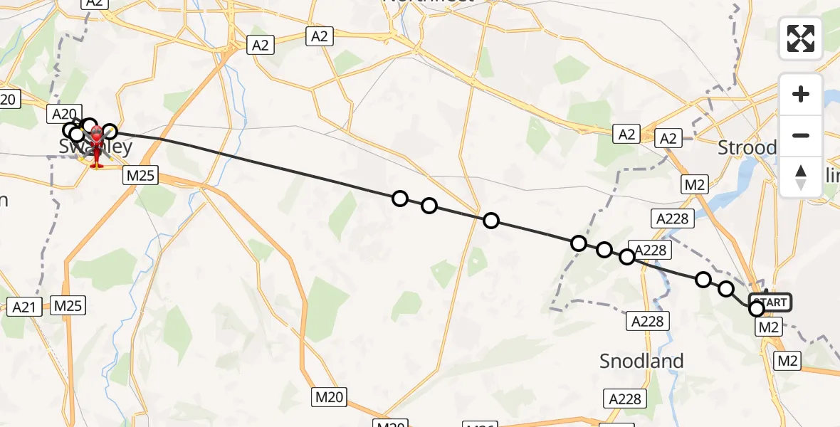 Flight path map showing Air Ambulance Helicopter route from Rochester Airport to Swanley