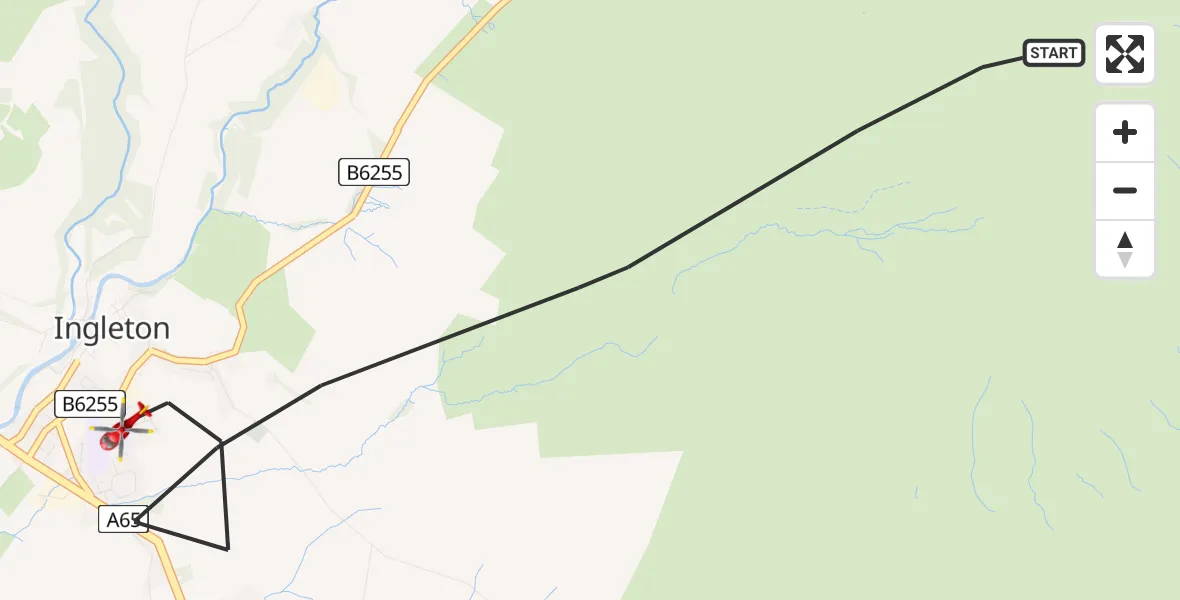 Flight path map showing Air Ambulance Helicopter route from Ingleton to Ingleton