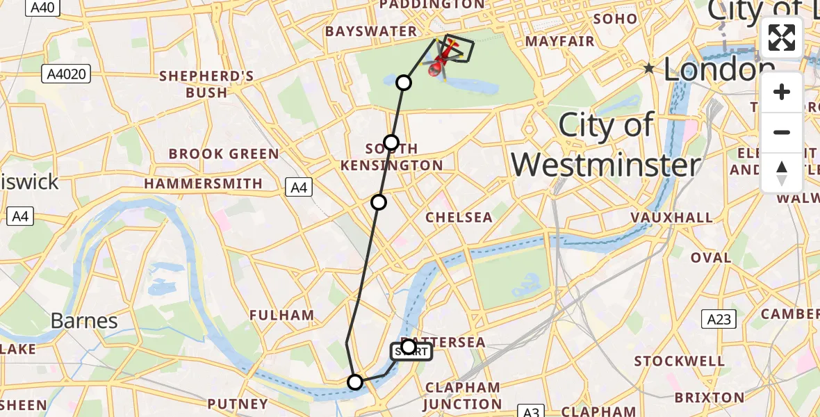 Flight path map showing Air Ambulance Helicopter route from London Heliport to City of Westminster