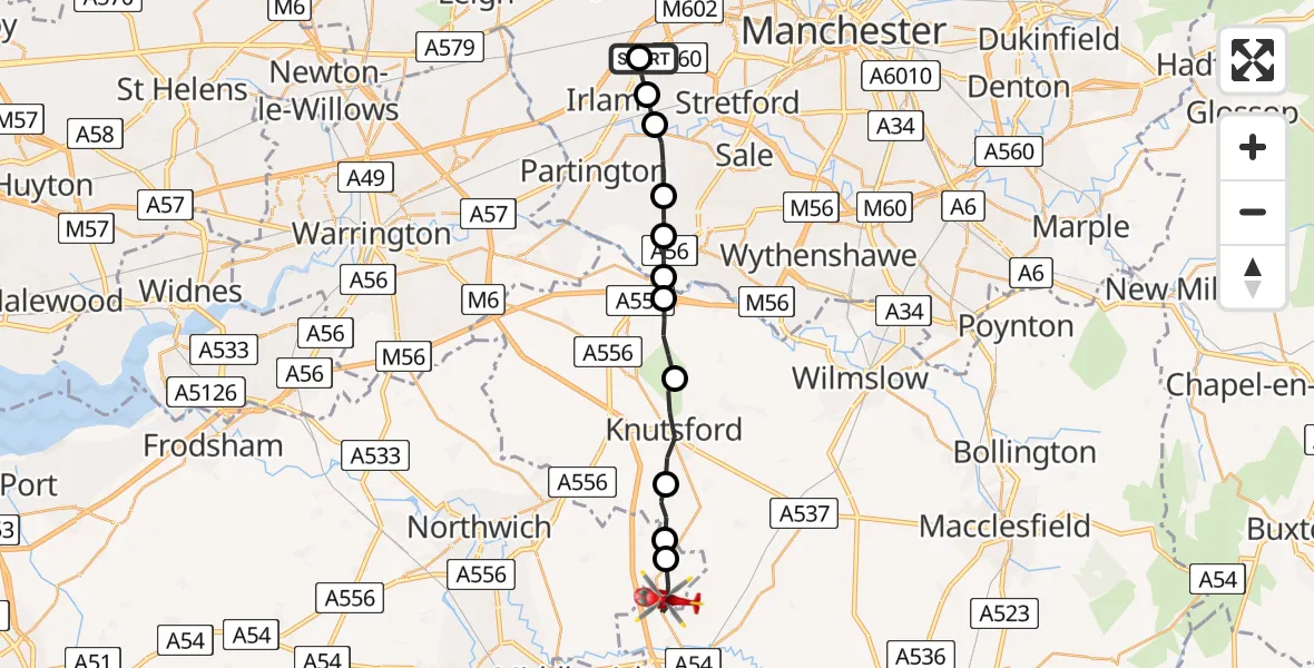 Flight path map showing Air Ambulance Helicopter route from Manchester Barton Aerodrome to Allostock