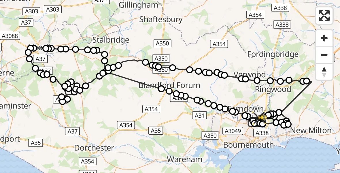 Flight path map showing Police Helicopter route from Bournemouth Airport to Bournemouth Airport