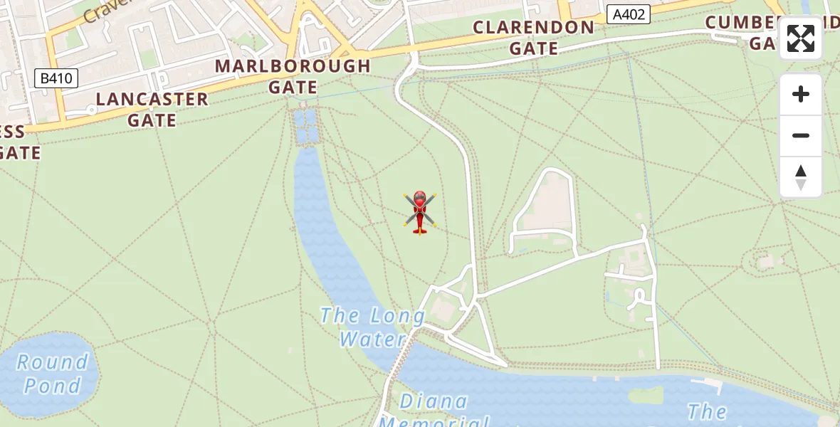 Flight path map showing Air Ambulance Helicopter route from City of Westminster to City of Westminster