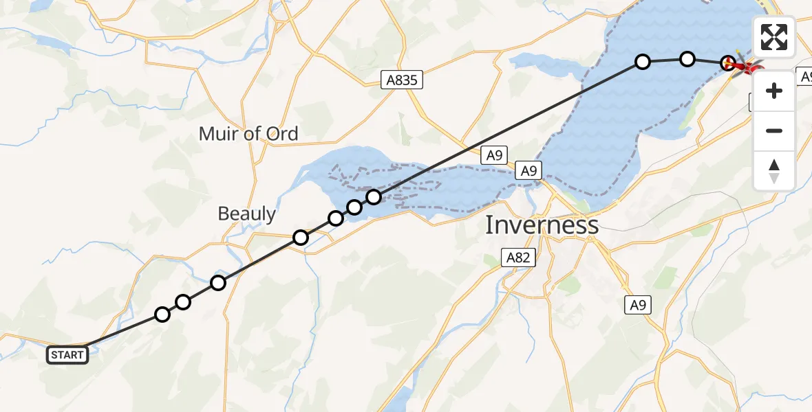 Flight path map showing Air Ambulance Helicopter route from Struy to Dalcross Heliport