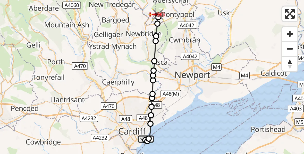 Flight path map showing Air Ambulance Helicopter route from Cardiff Heliport to Pantygasseg