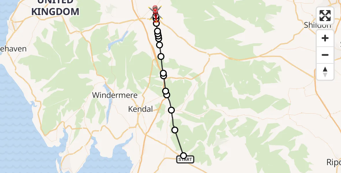 Flight path map showing Air Ambulance Helicopter route from Ingleton to Brougham