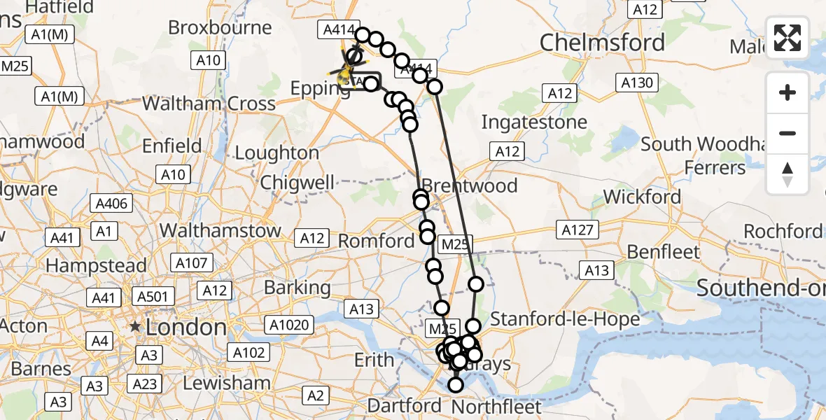 Flight path map showing Police Helicopter route from Woodhatch to North Weald Airfield