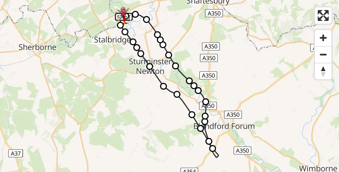 Flight path map showing Air Ambulance Helicopter route from Henstridge Airfield to Henstridge Airfield