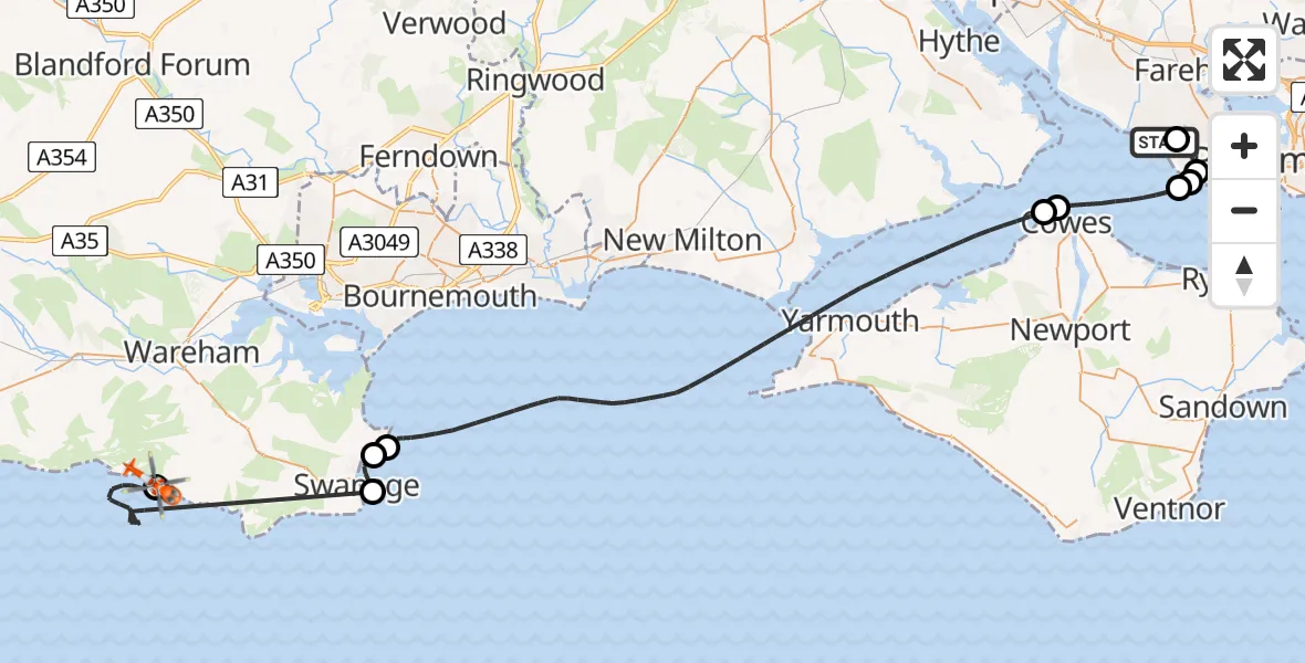 Flight path map showing Coastguard Helicopter route from Solent Airport to East Lulworth