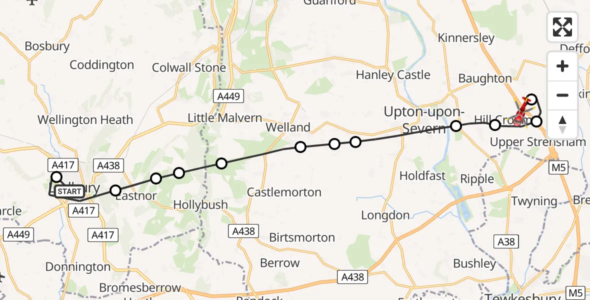 Flight path map showing Air Ambulance Helicopter route from Ledbury to Hill Croome
