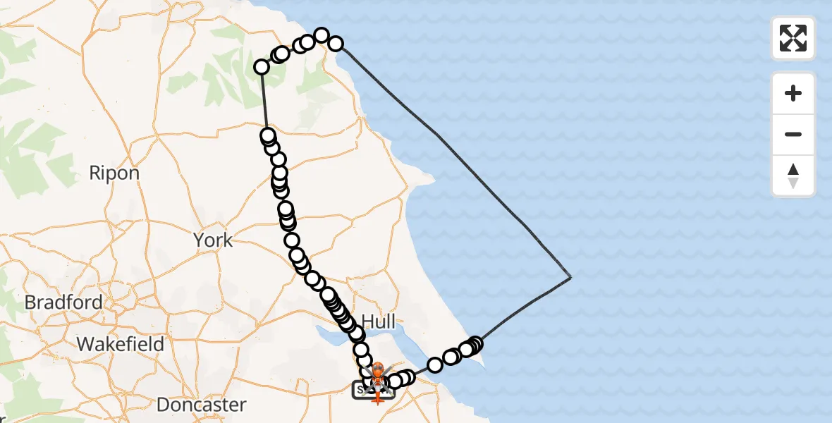 Flight path map showing Coastguard Helicopter route from Humberside Airport to Humberside Airport