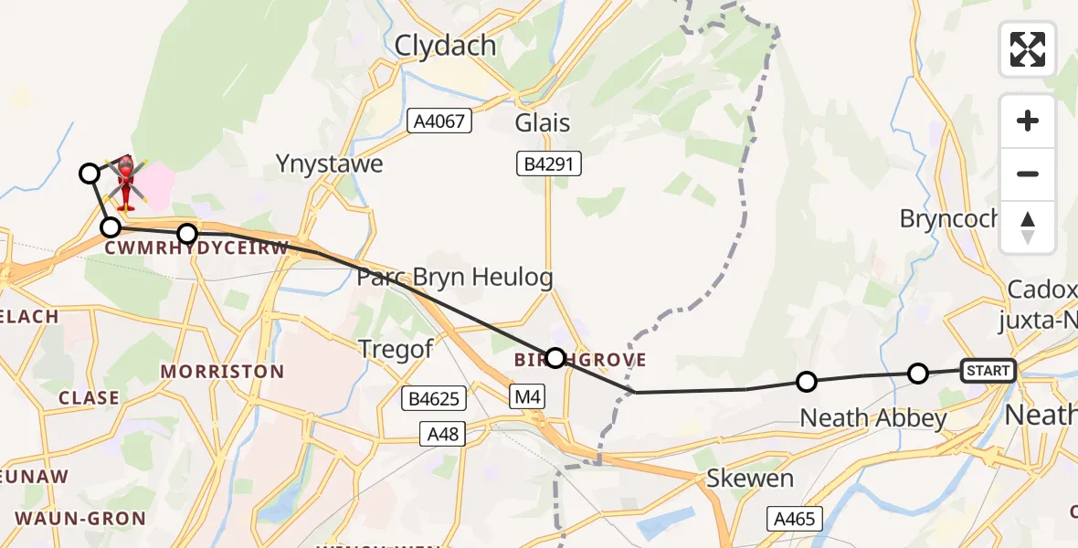 Flight path map showing Air Ambulance Helicopter route from Cadoxton-juxta-Neath to Morriston Hospital Helipad
