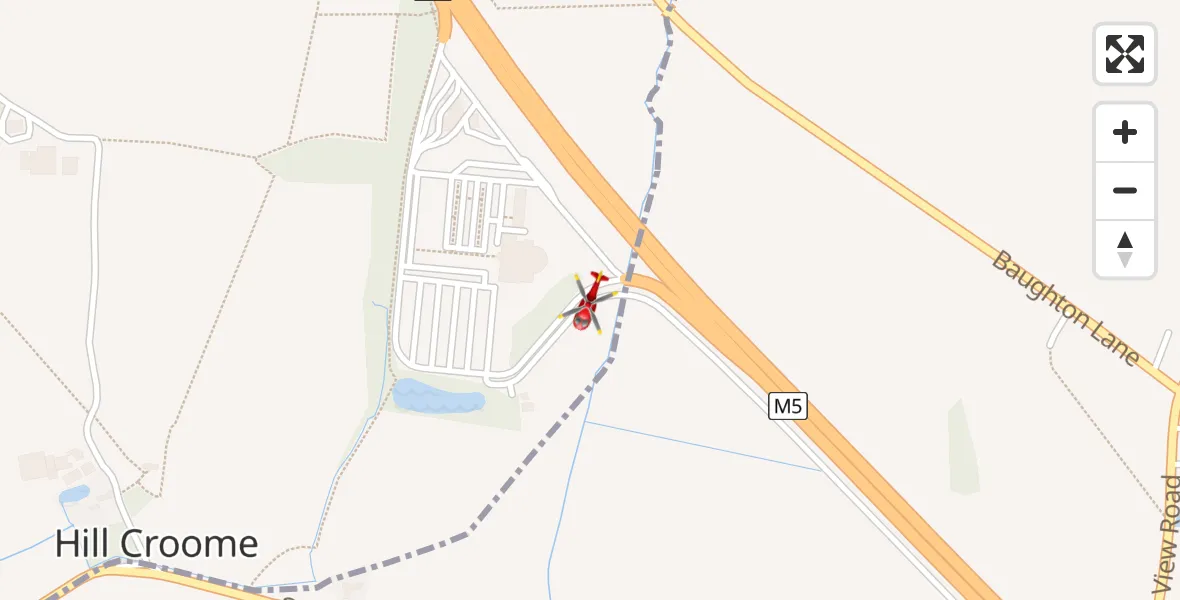Flight path map showing Air Ambulance Helicopter route from Hill Croome to Hill Croome