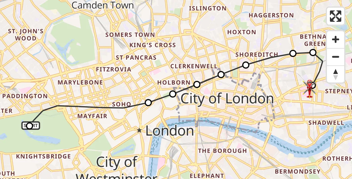 Flight path map showing Air Ambulance Helicopter route from City of Westminster to Royal London Hospital
