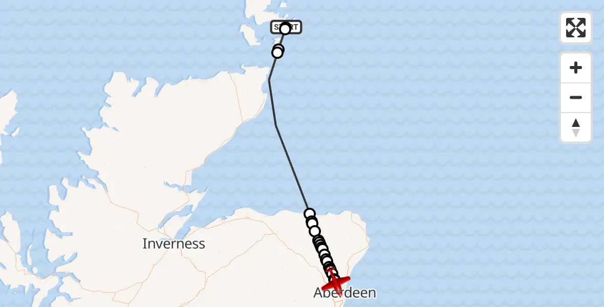 Flight path map showing Air Ambulance Aircraft route from Toab to Dyce and Stoneywood
