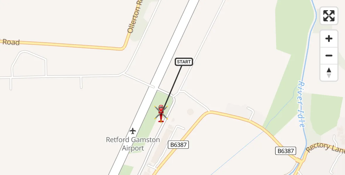 Flight path map showing Air Ambulance Helicopter route from Retford Gamston Airport to Retford Gamston Airport